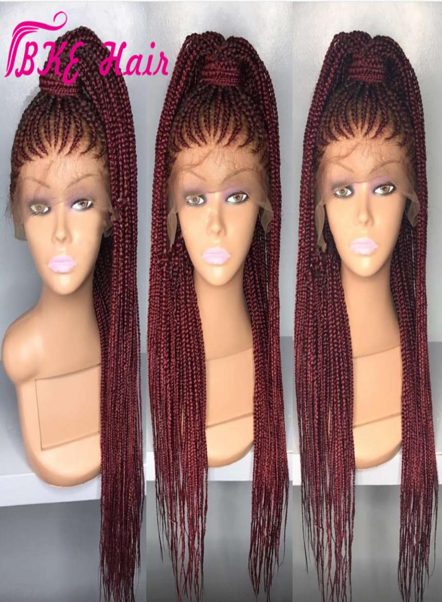 

High quality Long box Braid Wig Braiding synthetic lace front wig blackburgundy red color cornrow braids lace wigs For Black Wome6102990, Medium brown
