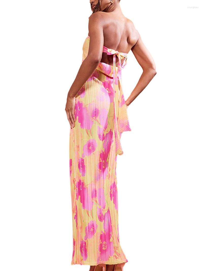 

Casual Dresses Licupiee Women Pleated Prom Long Es 2023 Summer Sexy Slim Fit Off Shoulder Bodycon Sleeveless Strapless Tube Dress, Dark pink floral