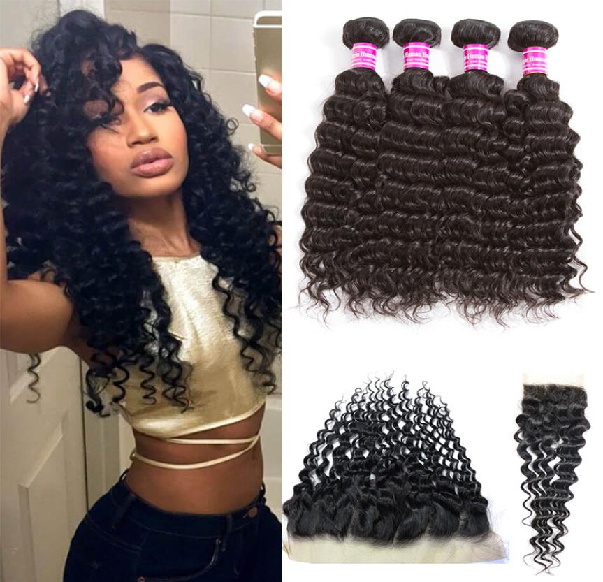 

Brazilian Deep Wave Curly Virgin Hair bundles with Closure 4 bundle and Frontal Remy Human Hair Weave Bundles Wefts with 4x4 Lace 3063259, Black