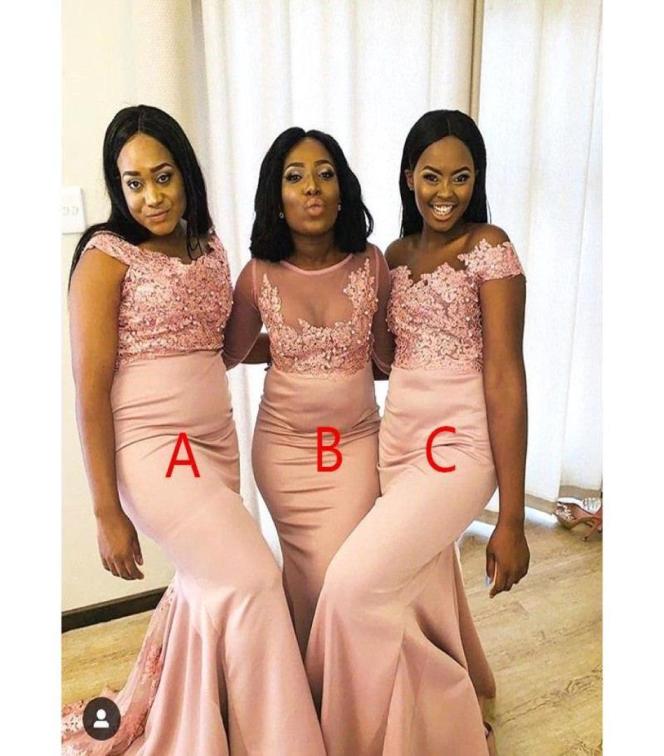

ASO EBI African Mermaid Bridesmaid Dresses Sheer Neck Lace Appliques Backless Long maid of Honor Gowns wedding Guest Dress9201304