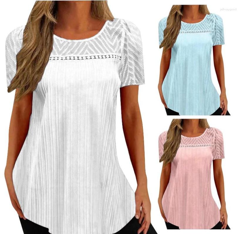 

Women's T Shirts Summer Fashion Solid Color Round Neck Lace Stitching Short Sleeved Shirt, Blue