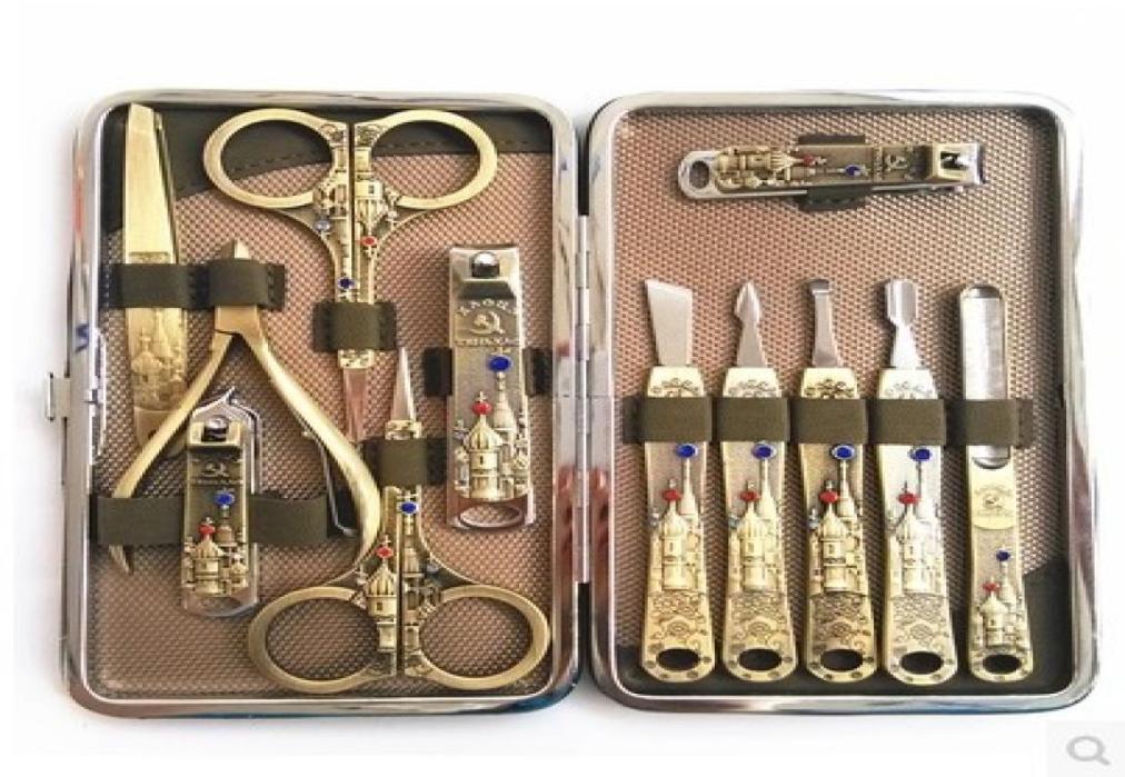 

Whole2015 Pedicure Manicure Russia Castle Pattern Nail Kit With 12 Sets Of Highgrade Diamond Bronze Suede Clippers 5231668
