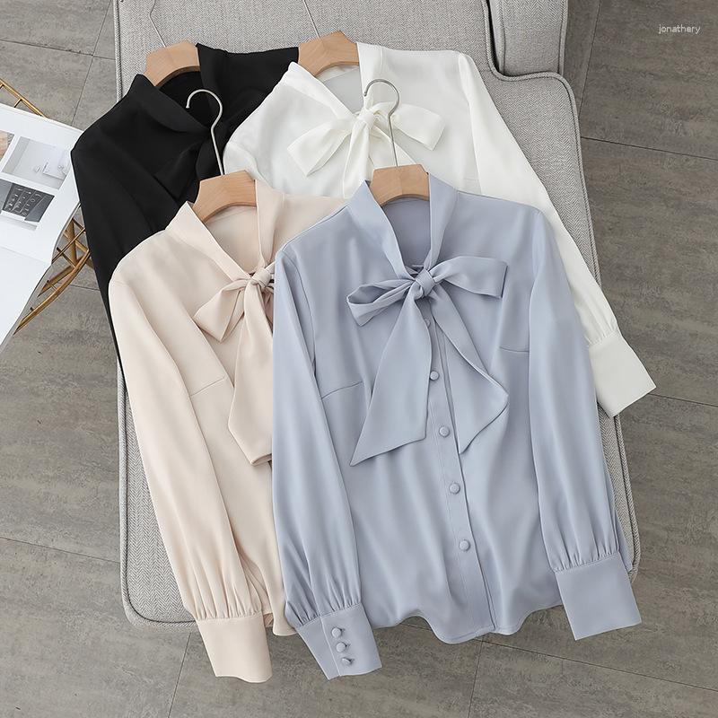 

Women's Blouses Chemise Femme Office Work Blouse Spring Womens Vintage Elegant Solid Lady Lace-up Bow Black White Shirt Tops, Apricot