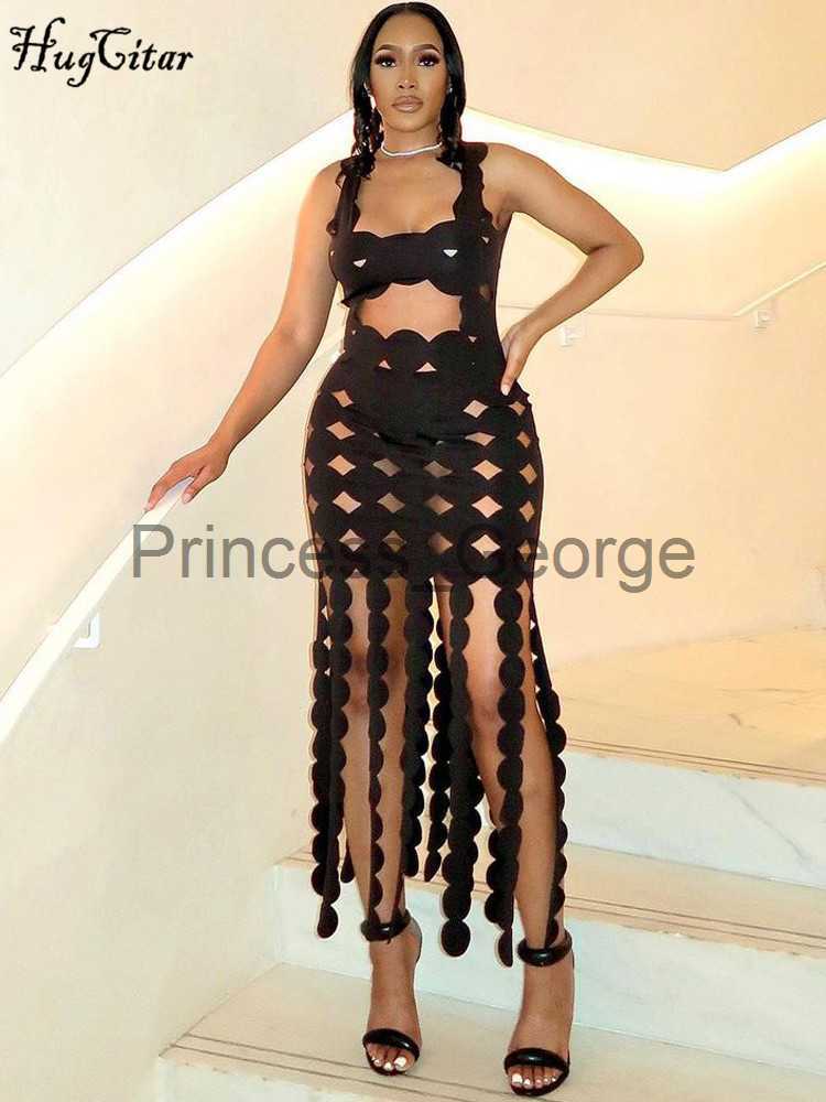 Robes de soirée Hugcitar Halter Noir Dos Nu Évider Trou Tassel Sexy Maxi Dress Slim Mode D'été Voir À Travers Festival Discothèque Vêtements x062