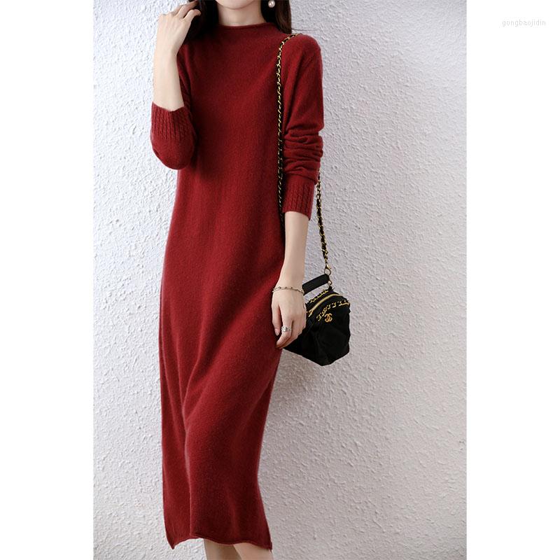

Casual Dresses Autumn And Winter Women' Collar Cashmere Long Dress Loose Versatile Medium Knitted Wool Knee Length, Light camel