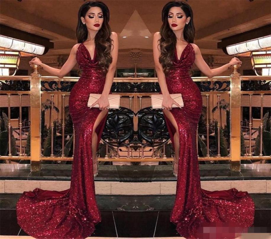 

Sparkly Dark Red Sequins Prom Dresses Deep V Neck Pleats Ruched Sweep Train High Slit Split Custom Made 2019 Formal Evening Party 7013460, Green