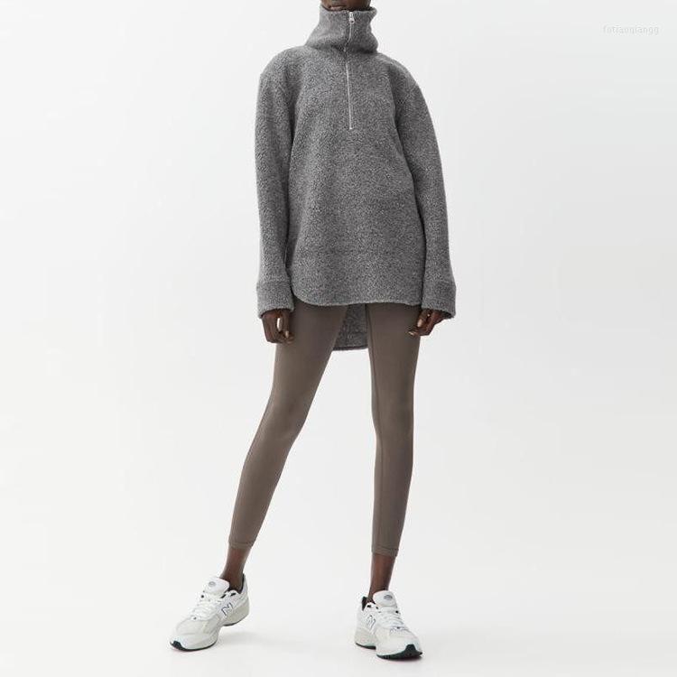 

Women's Hoodies Gray Sweatshirts Turtleneck Half Zipper Loose Long Sleeve Simple 2023 Lady Casual Pullover Autumn Winter