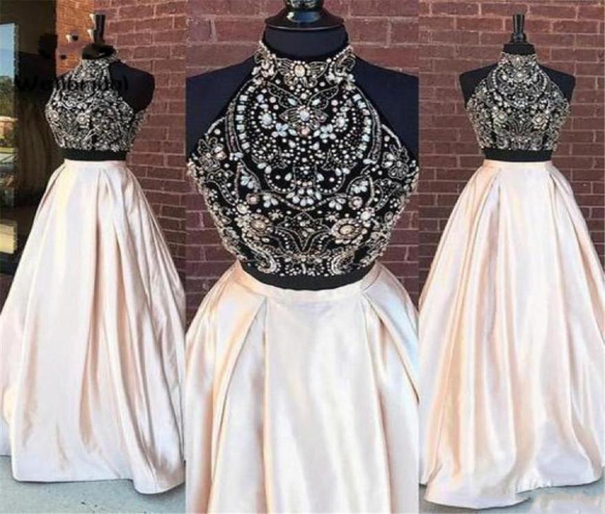 

2020 Sparkly Two Pieces Prom Dresses High Neck Beading Crystal Floor Length Black Girl African sweet 16 Cheap A Line Party Evening2545161, Yellow