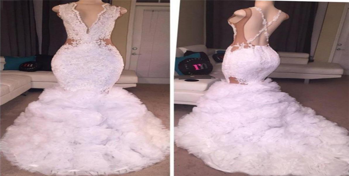 

White Mermaid Prom Dresses Plunging V Neck Puffy Skirt Lace Applique Criss Cross Backless Long Party Gowns Evening Wear6799234, Same as picture