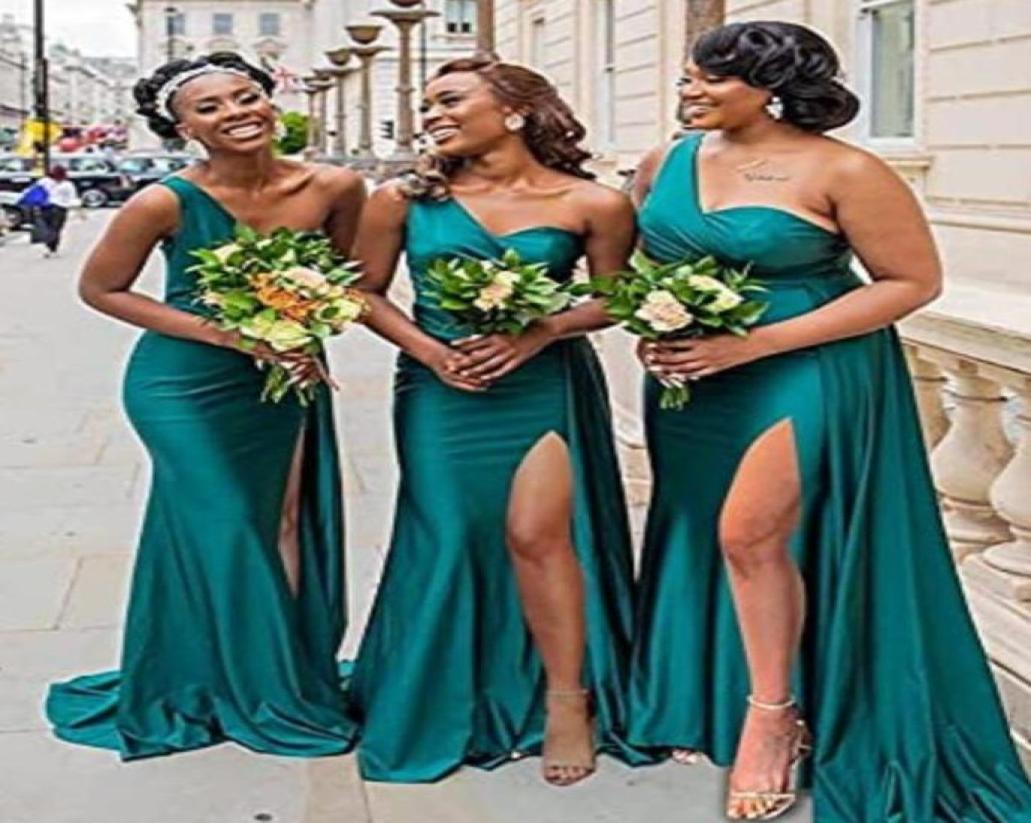 

Sexy Dark Green African Bridesmaid Dresses 2023 Wedding Guest Dress Side split high One Shoulder Long Plus Size Party Maid of Hono6113805
