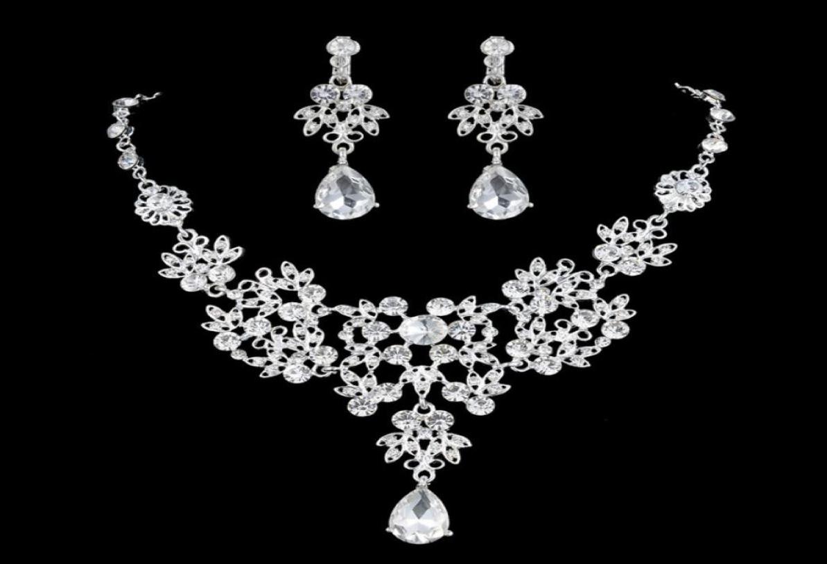 

Luxury Flower Rhinestones Bridal Jewelry Sets 4 Colors Crystals Wedding Necklaces And Earrings For Bride Prom Evening Party Access1270756