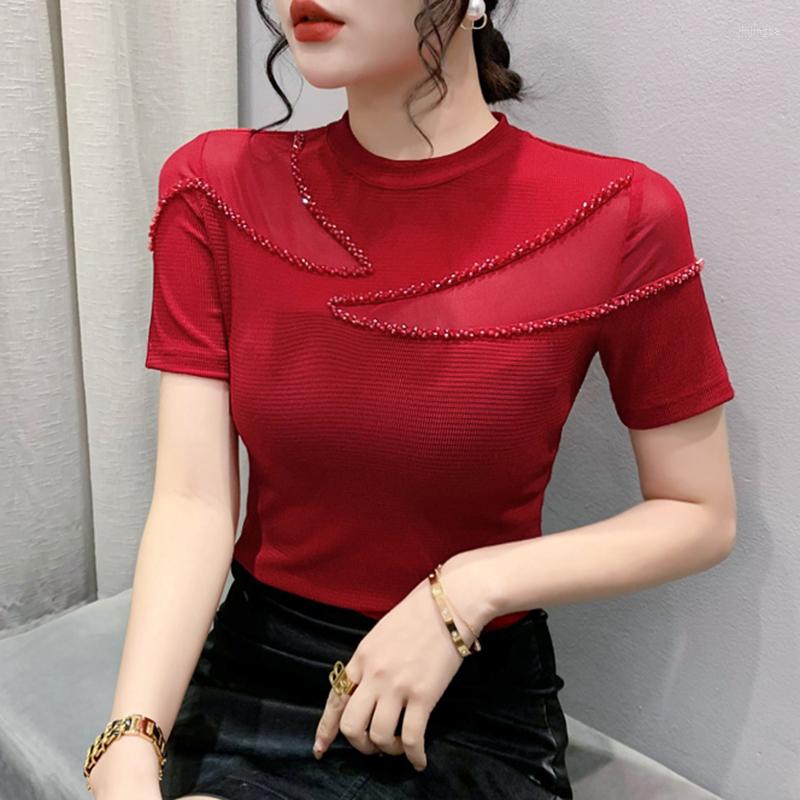 

Women's T Shirts 2023 Summer Short Sleeved Fashion Casual Solid Color Beading Mesh Tops M-3XL Blusas, Auburn