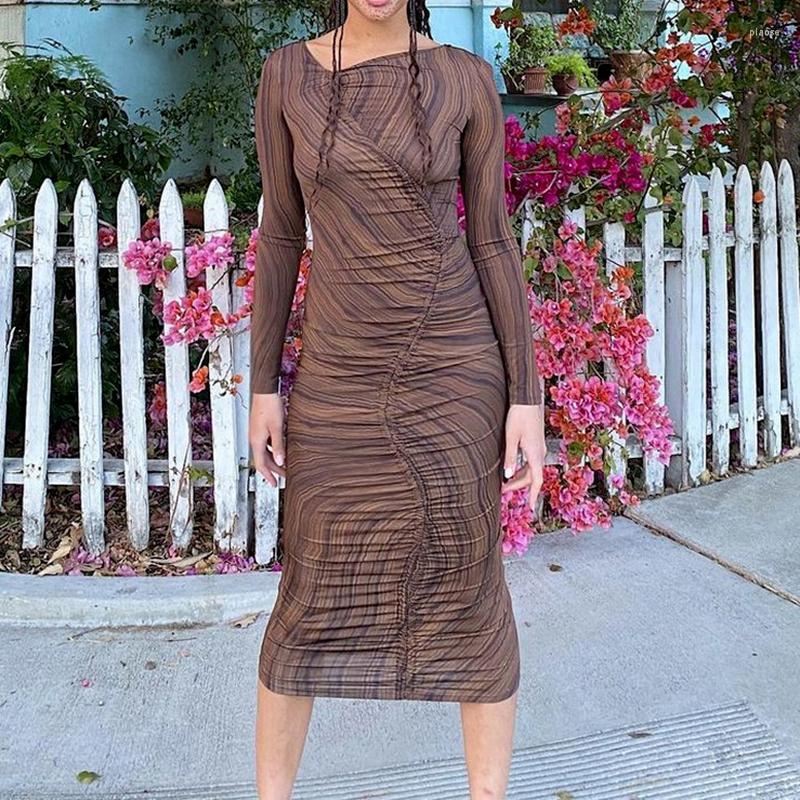 

Casual Dresses Ladies Y2k Aesthetic Bandage Stretch Skirt Striped Print Retro Dress Long-sleeved Square Collar Slim-fit Hip Women 2023, Brown