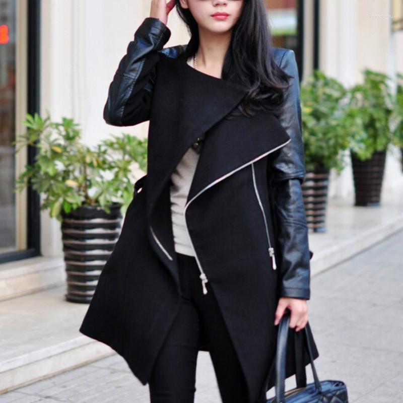 

Women' Trench Coats SEPARQI 2023 Women Leather Coat Autumn Winter Zipper Pu Faux Medium Long Outwear, Black