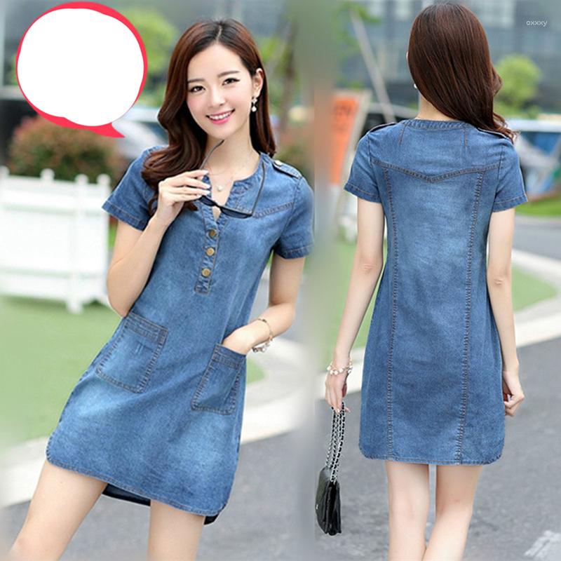 

Casual Dresses Plus Size 5XL Summer Style Denim Women V-Neck Short Sleeve Slim Jeans Dress With Pockets Vestidos Clothing, Light blue