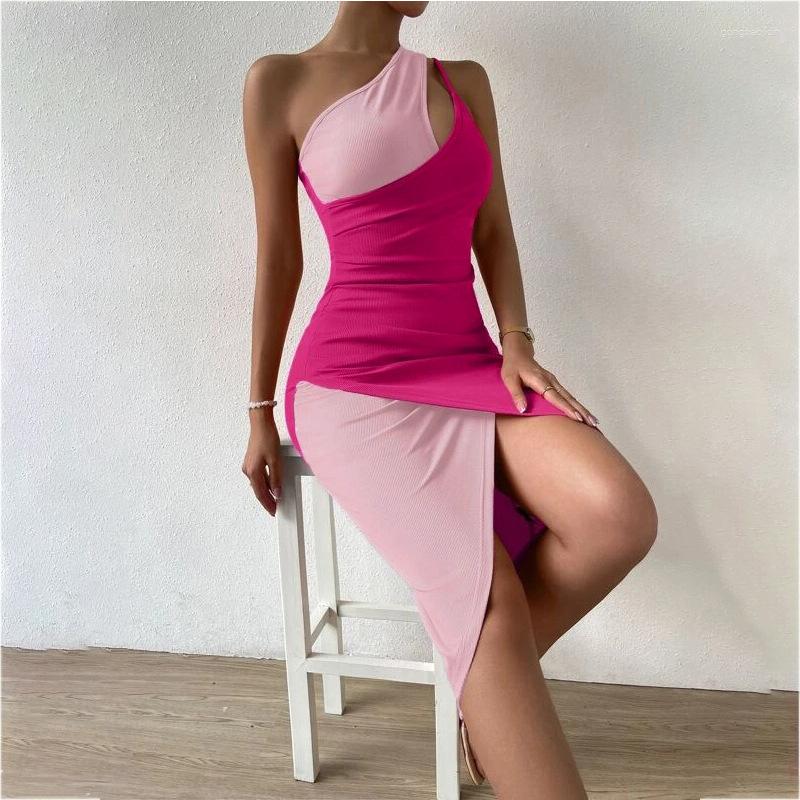 

Casual Dresses Fashion Girl Oblique Shoulder Sling Contrasting Colors Skirt Slit Dress Female 2023 Summer Hollow Out Slim Party