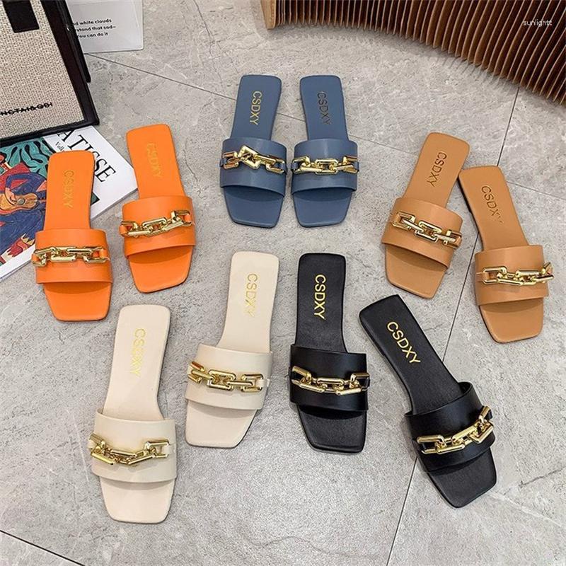 

Slippers Metal Chain Square Toe Women Vintage Casual Flat Beach Slides Plus Size 35-42 Female Sandals Ladies Summer Footwear, Beige