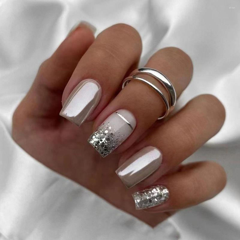 

False Nails On Sales//24Pcs Short Square Glitter Silvery White Wearable Fake Full Cover Tips Press With Glue, Only fake nails