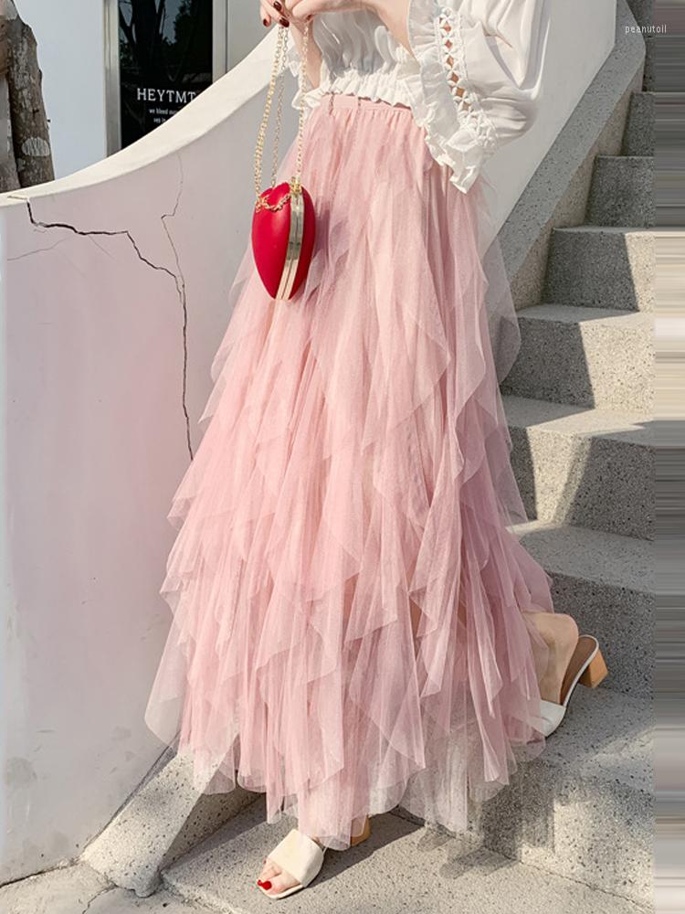 

Skirts Fashion Mesh Long Skirt For Women Spring And Summer Korean Hollow Ins Fairy 2023 High-waisted Irregular Cake 24934, Black