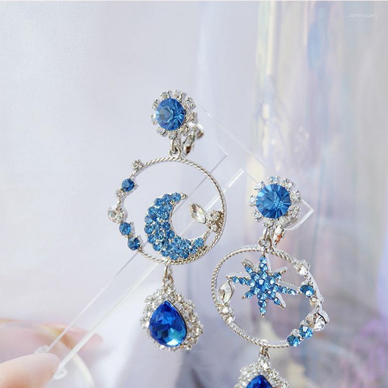 

Dangle Earrings Korean Fashion Star Moon Blue Crystal Zircon For Women Long Asymmetric Earring Party Jewelry Gift Pendientes Mujer