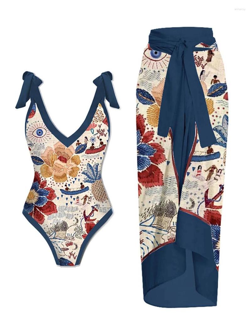 

Women' Swimwear Summer Vintage Floral Geometric Print Sexy One Piece Swimsuit And Cover Up Fashion Deep V Backless Bikini 2023, Only dress