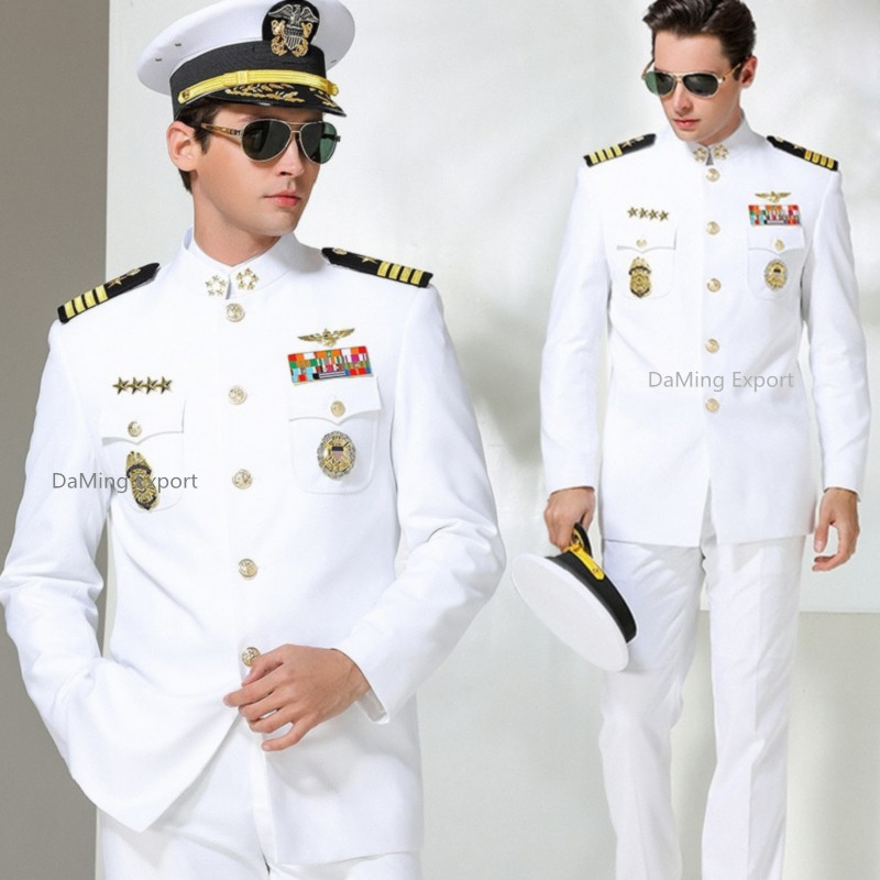

America White Sailor Uniform Set Men Wedding Annual Meeting Evening Hat Coat Pants and Accessories Navy Guard Security Work Wear