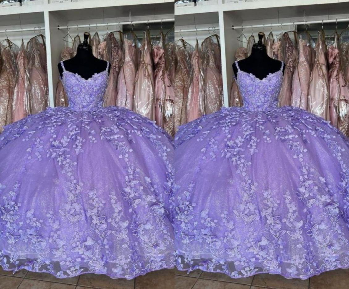 

2023 Quinceanera Dresses Purple Butterfly Floral Flowers Lace Applique Spaghetti Vneck Ball Gowns Evening Formal Prom Dress Sweet7879528, Same as picture