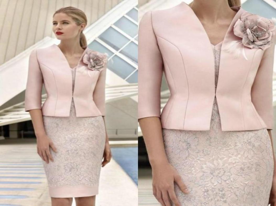 

Elegant Pink Mother Of The Bride Dresses With Jacket Lace Appliqued Beads Wedding Guest Dress Knee Length Formal Mother Outfit Pro2567407