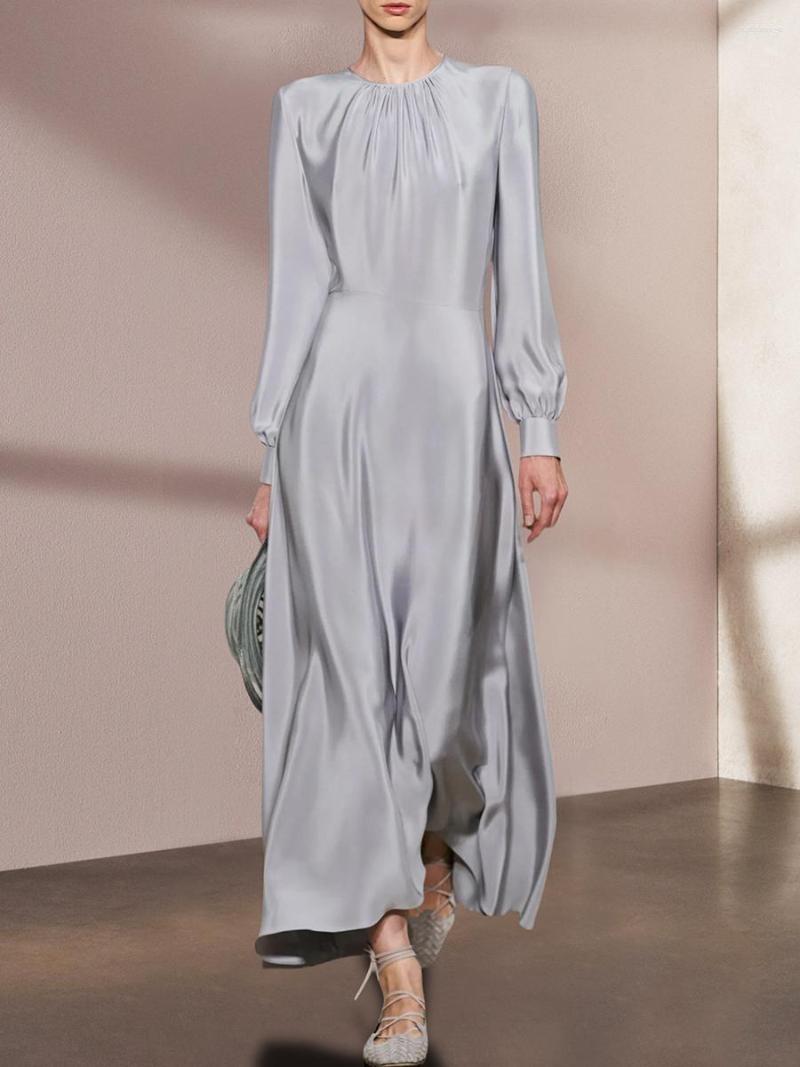 

Casual Dresses Women' Dress 2023 Temperament Gray Long-Sleeved Luxury Satin Senior Vintage Lantern Sleeved Long