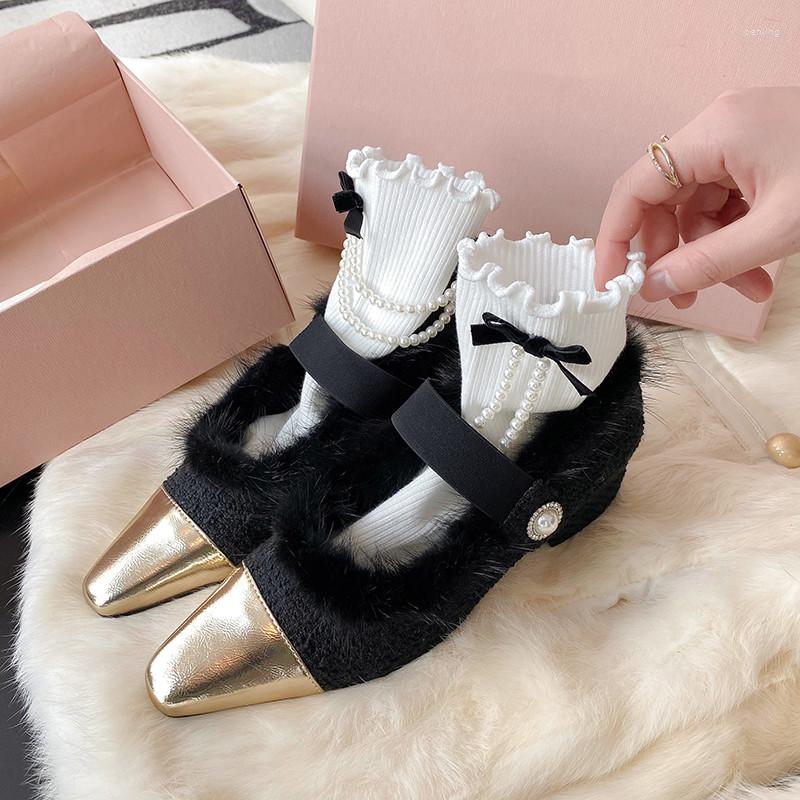 

Dress Shoes MKKHOU Fashion Pumps High Quality Ermine Fur Winter Plush Sweet Stitching Medium Heel Mary Jane Heels, White