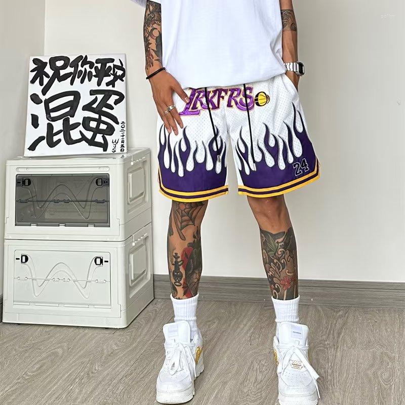 

Men's Shorts Fashion Flame Embroidery Sports Summer Loose Drawstring Mesh Quick-drying Casual Five-point Pants Male Sportswear, As show