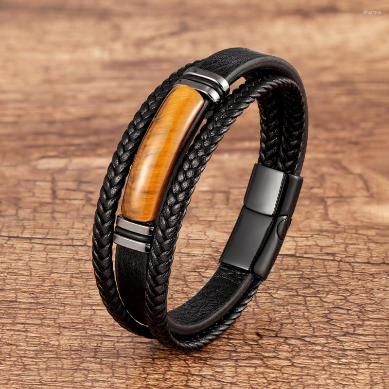

Charm Bracelets Natural Tiger Eye Stone Bracelet Multilayer Braided Leather Rope Men's Bangles Stainless Steel Jewelry Accessory