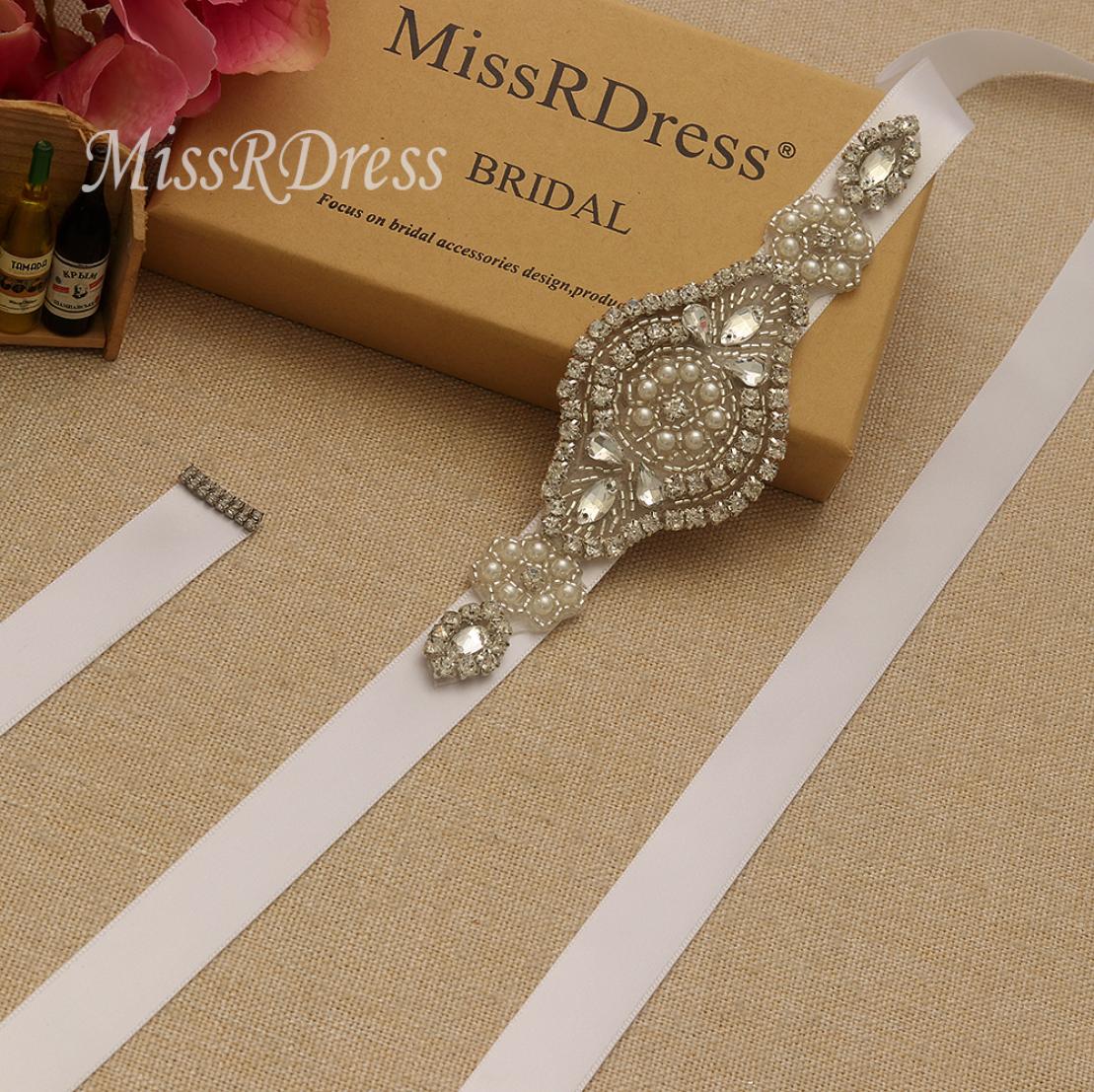 

MissRDress Handmade Wedding Belt With Pearls Sashes Silver Crystal Flower Ribbons Rhinestones Bridal Dresses Sashes Belt For Weddi2147715