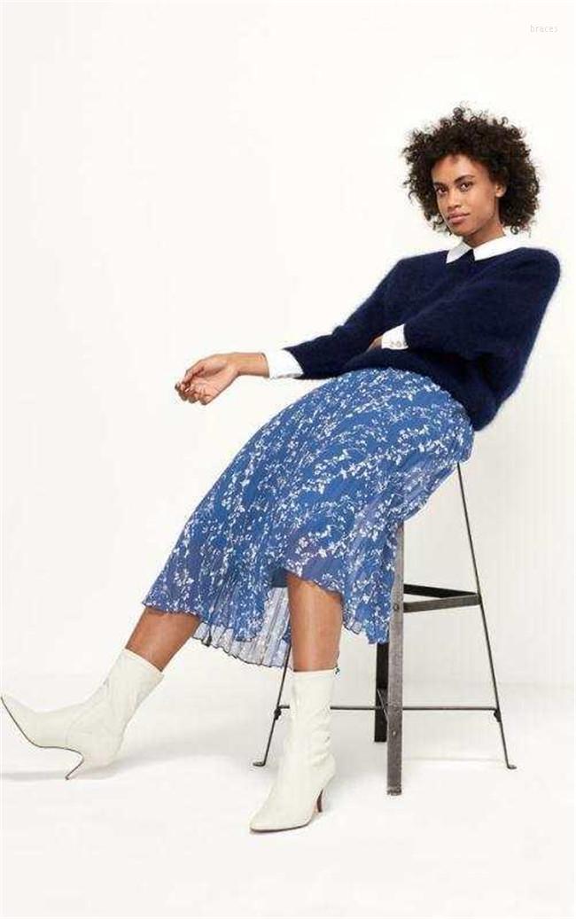 

Skirts 2023 Summer Two-color Printed Chiffon Ladies Pleated Skirt, Blue