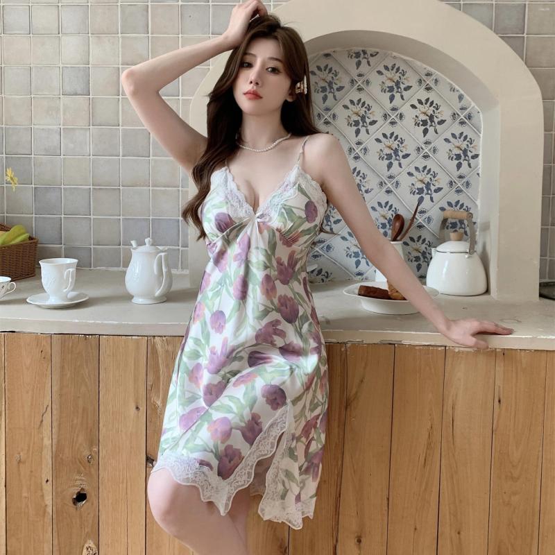 

Women's Sleepwear Sexy Strap Nightgown With Pad Sleep Dresses Print Dressing Gown Nightdress Summer Chemise Nightwear Loungewear, White