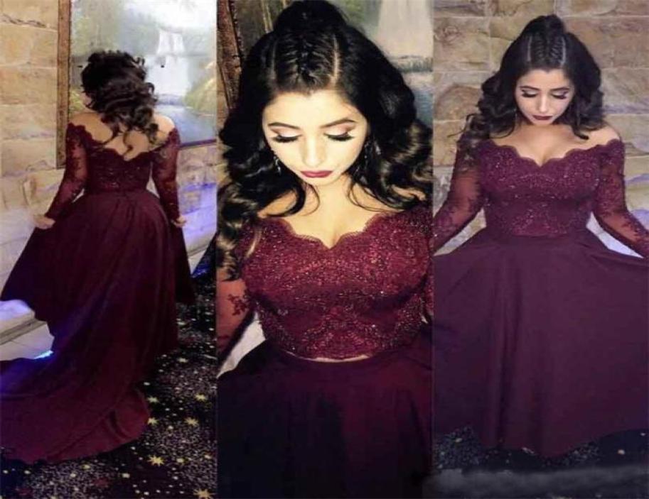 

Off Shoulder Burgundy Lace Evening Dresses Sexy Illusion Long Sleeve Beaded Satin Court Train Backless Red Carpet Celebrity Party 7834924, Green