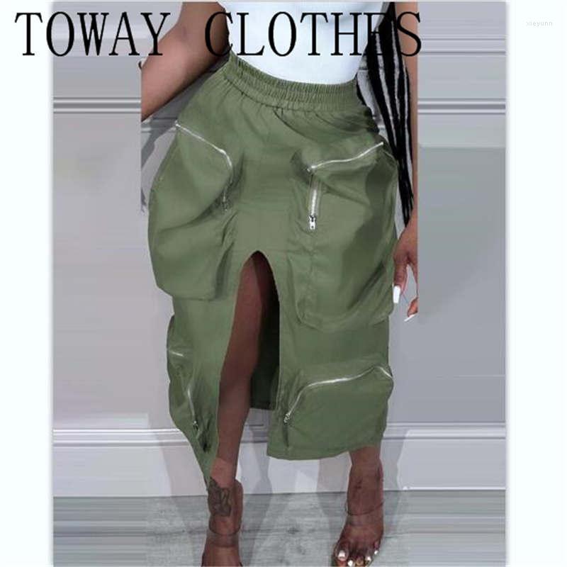 

Skirts Pocket Design Slit Zipper Detail Cargo Skirt Women Sexy Army Green Summer Spring High Waist Long, Women skirt