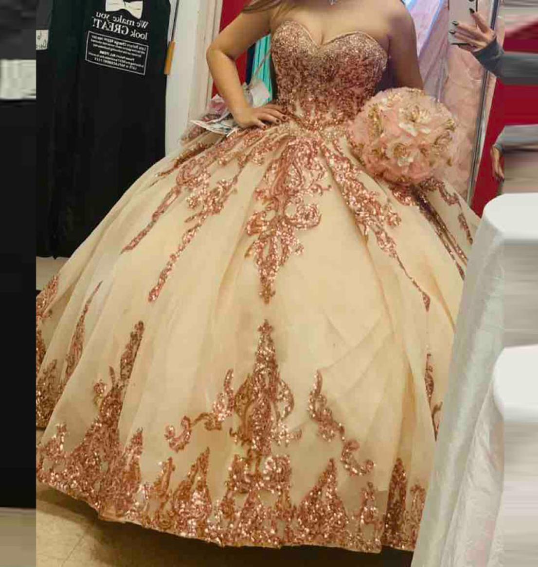 

Rose Gold Appliques Ball Gown Quinceanera Dresses Sweetheart Short Sleeves Lace Up Back Plus Size Graduation Dress Girls Prom Gown2391380, Ivory