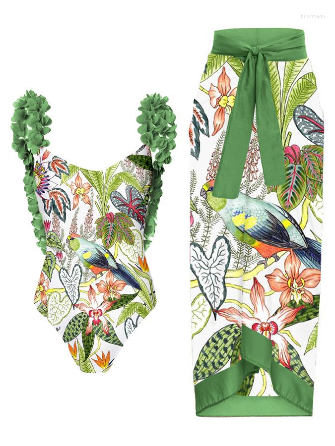 

Women' Swimwear Vintage Fashion Floral Print One Piece Swimsuit And Cover Up, Green
