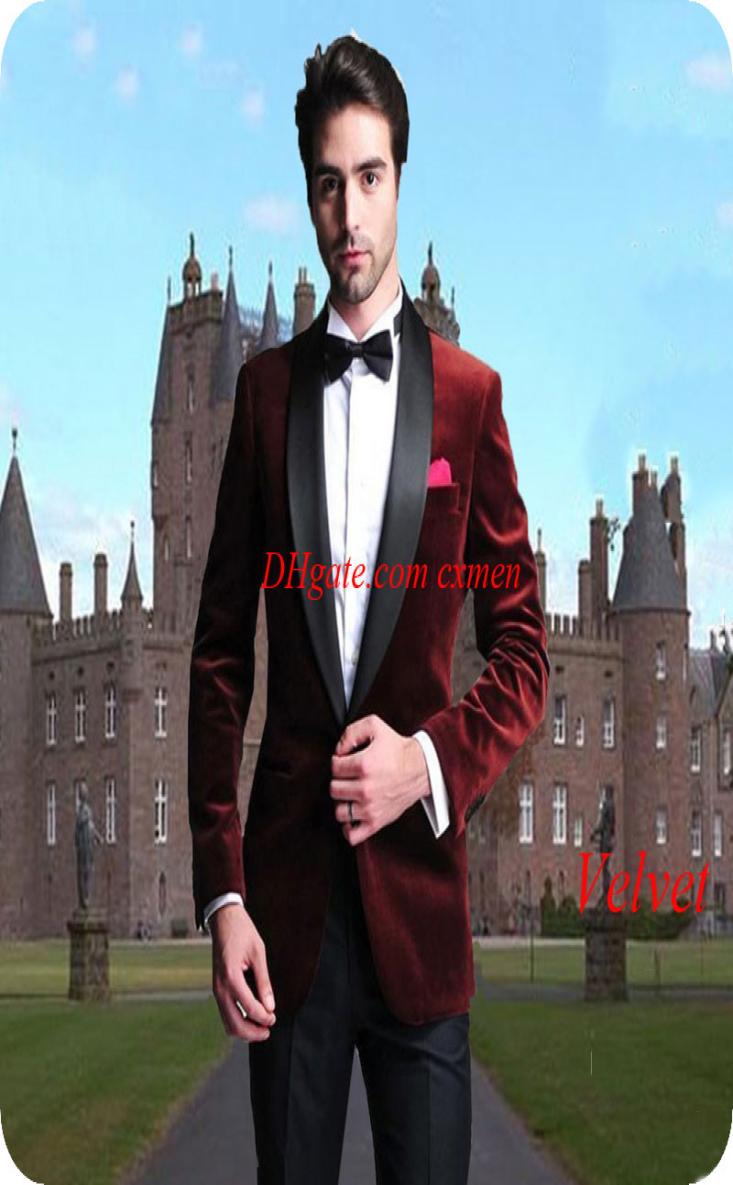 

Smoking Jacket Burgundy Velvet Men Suits for Wedding Black Shawl Lapel Custom Made Slim Fit Groom Tuxedos 2Piece Costume Homme Pro9655696, White