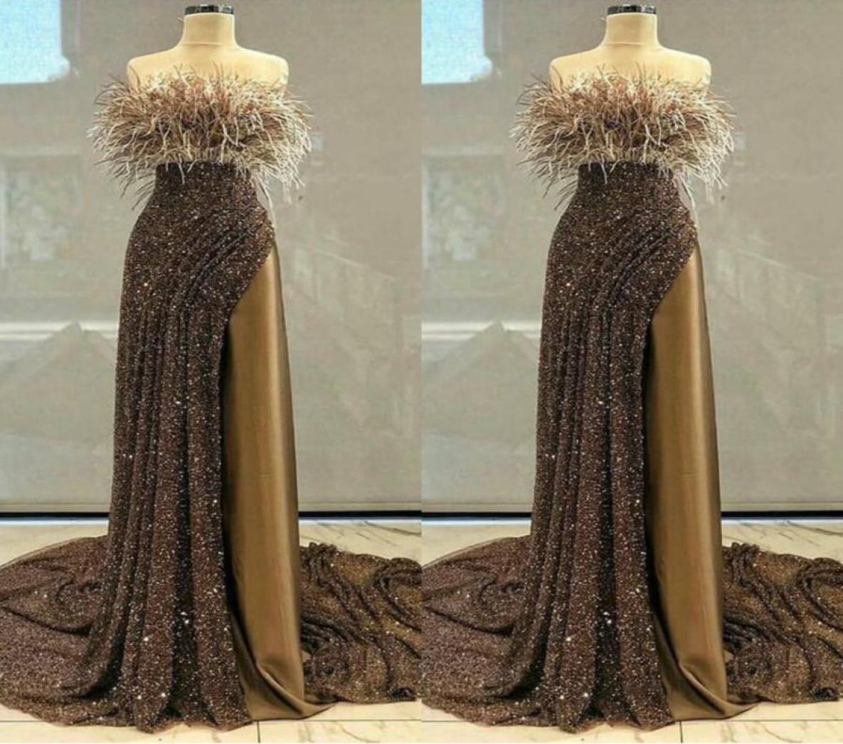 

2020 Glitter Prom Dresses Strapless Sequined Feather Sleeveless Long Evening Gown Ruffle High Side Split Custom Made Formal Party 6366088, Red