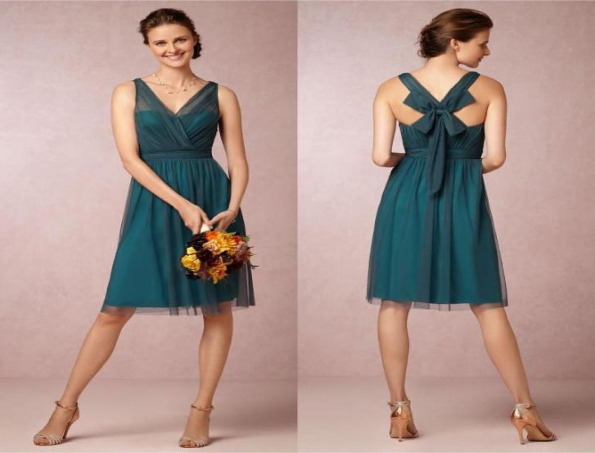 

A Line V neck Knee Length Teal Color Bridesmaid Dresses 2019 Short VintageTulle Satin Bow Cocktail Party Gownsn3722241