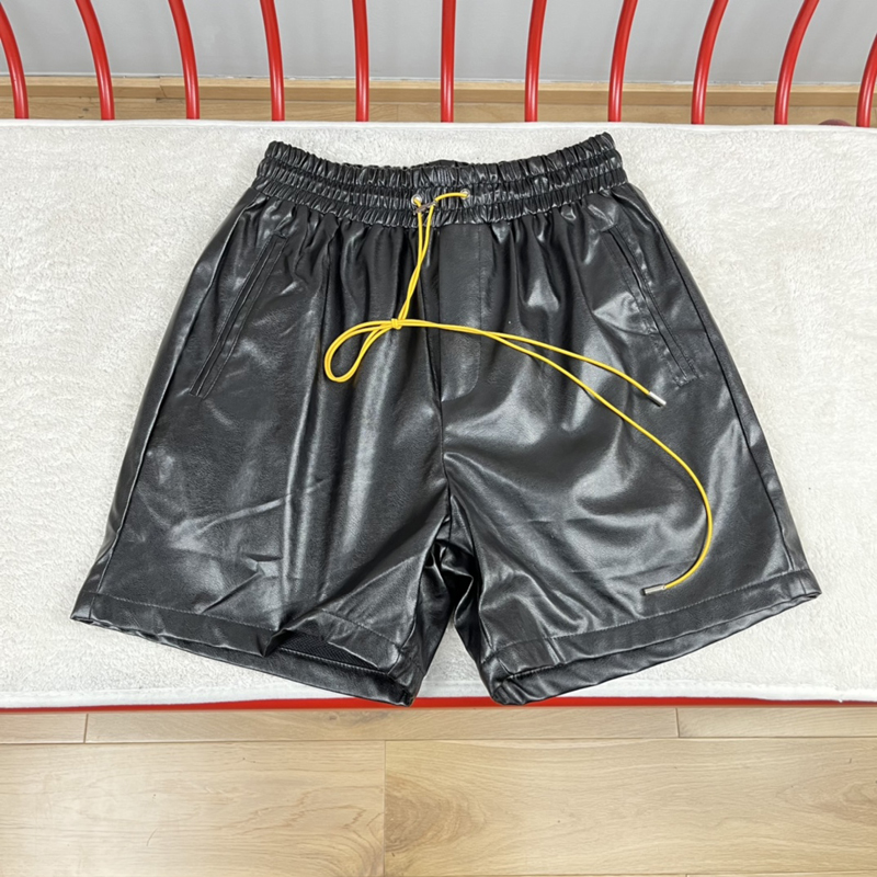 

23ss Summer Men Blank PU Leather Shorts Fashion Europe Middle Pants Drawstring Running Jogging Bottoms Trunks, Black