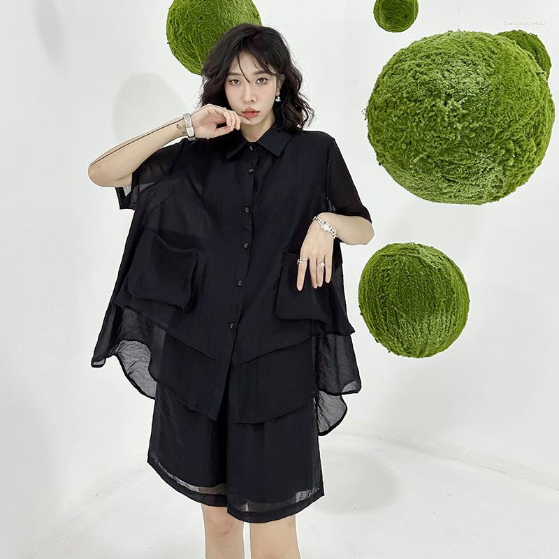 

Women's Tracksuits Retro Fashion Casual Two Piece Set Summer Thin Loose Black Shirt Cardigan High Waist Quarter Shorts Personalized 2023