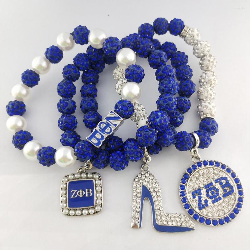 

Charm Bracelets Handmade Greek Sorority White Blue Pearl Disco Ball Letter Pendant Bracelet ZPB Four Piece Set Woman Jewelry