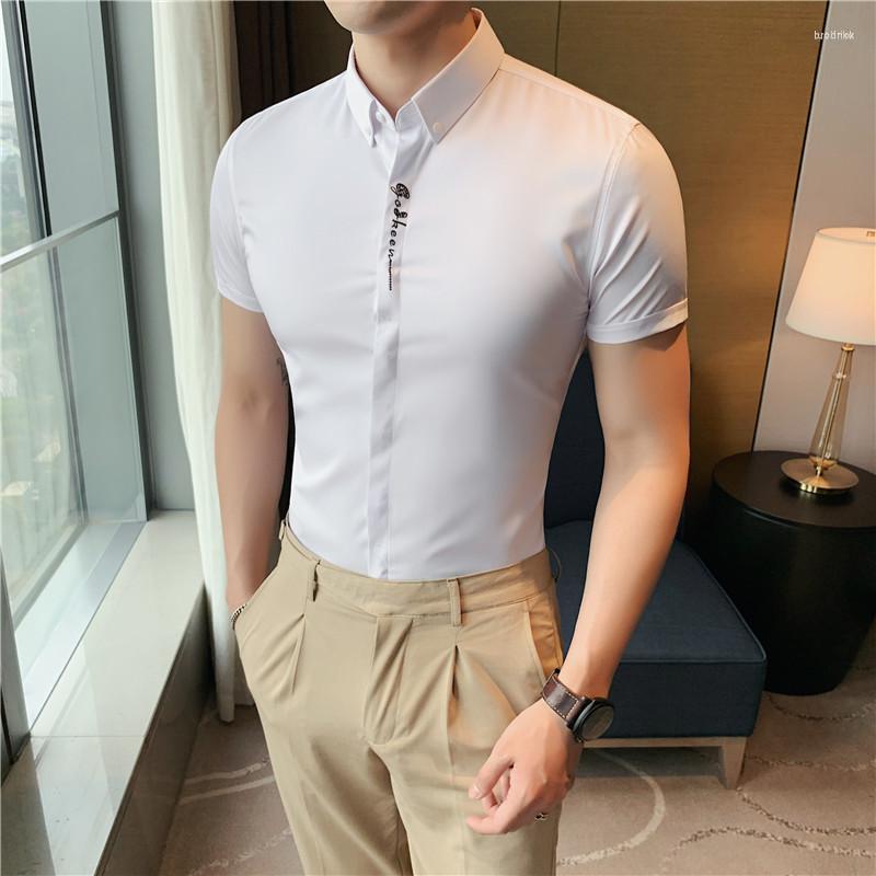 

Men's Casual Shirts Men's Korean Short Sleeve Men Shirt Summer White Slim Fit Silky Daily Blouse Embroidery 4XL Camisa Hawaiana Hombre, Dark green