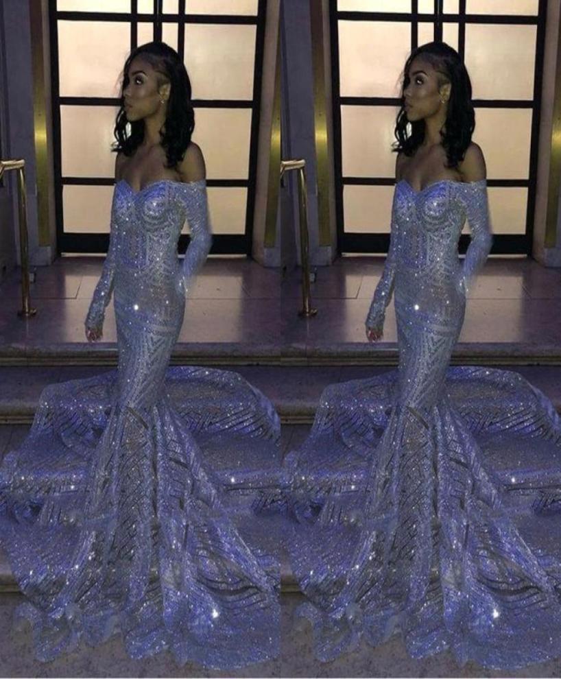

Black Girl Silver Sequins Offtheshoulder Mermaid Prom Dresses Long Sleeves Sweep Train Reflective Evening Gowns BC33063901894, White