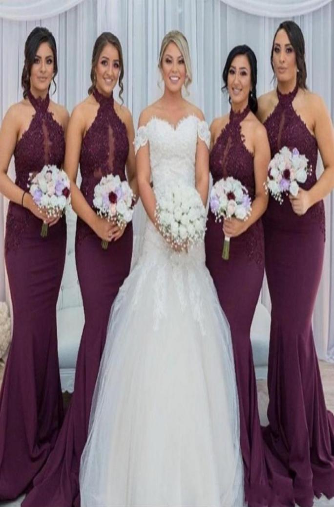 

Grape Mermaid Bridesmaid Dresses Elegant Arabic Halter Neck Lace Appliques Wedding Guest Party Bridesmaids Dresses Vestido de Feis9096964
