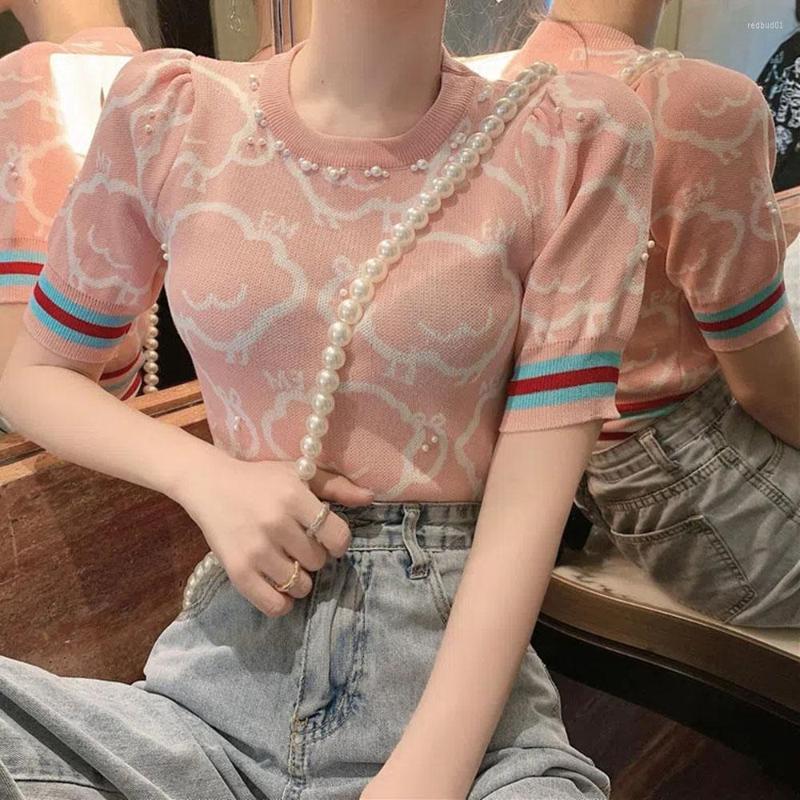 

Women's T Shirts Pink Blue Pearl Beading Short Sleeve Sweater Tops Summer -sleeved Knit Casual T-shirt Women Tee