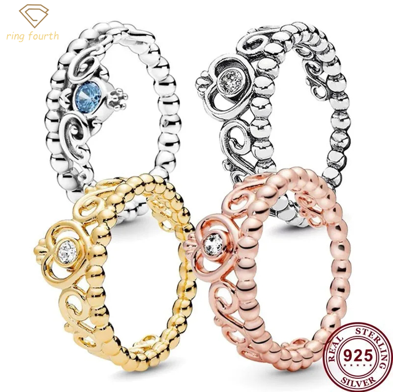 

925 Silver Women Fit Pandora Rings Original Heart Crown Fashion Ring Shiny Blue Fashion Crown Women Pan Ring Suitable